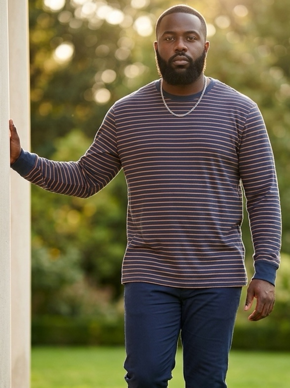 NWT Foundry Men’s Navy/Orange Stripe Long Sleeve Crew Neck Tee Shirt - XXL